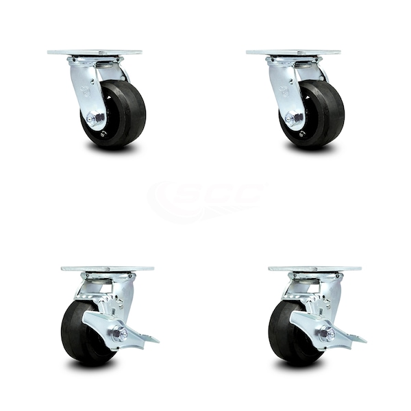 4 Inch Rubber on Steel Swivel Caster Set with Roller Bearing 2 Brake SCC